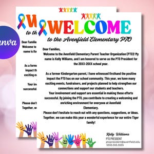 Bewerkbare sjabloon voor welkomstbrief voor ouders (VS/PTO) voor ouders – afdrukbare introductiefolder Terug naar school, Canva-welkomstbericht voor nieuwe gezinnen