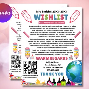 Editable Teacher Wishlist Printable, Classroom Supplies Donation Letter, Canva Template