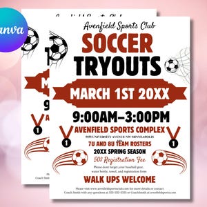 Editable Soccer Tryout Flyer Template, Team Registration Announcement, Canva
