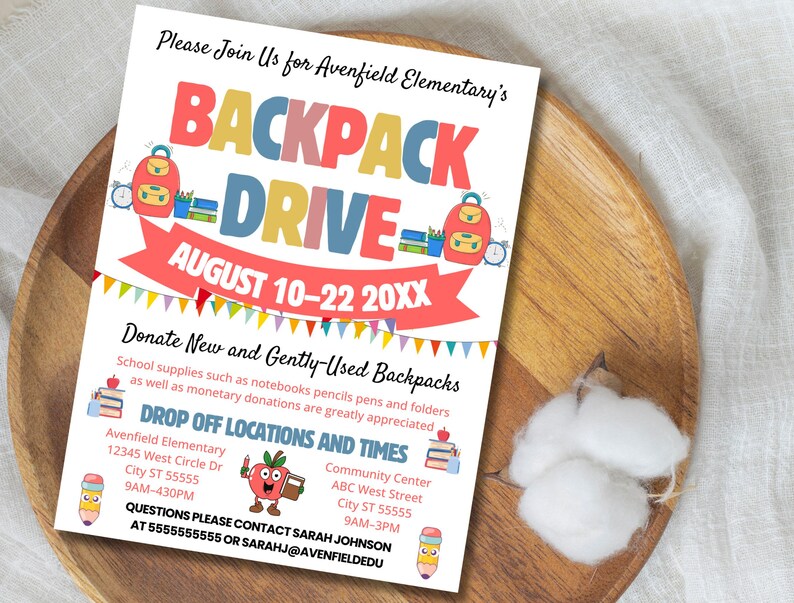 Backpack Drive Flyer Template: School Fundraiser, Editable Canva Design ...