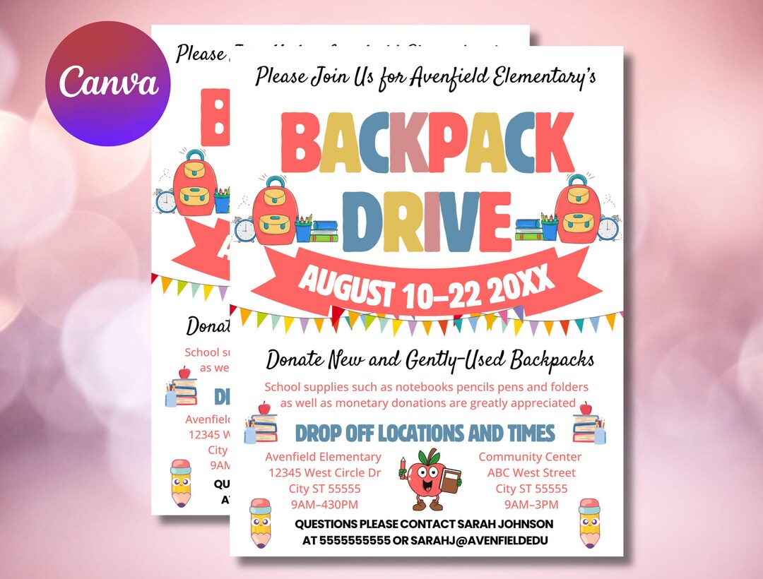 Backpack Drive Flyer Template: School Fundraiser, Editable Canva Design ...
