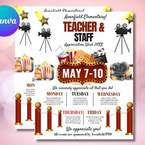 Editable Canva Template – VIP Hollywood Theme Itinerary Flyer, Teacher & Staff Appreciation, Printable Schedule
