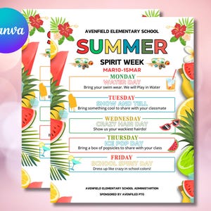 Summer Spirit Week Flyer Vorlage, bearbeitbar, bedruckbar, Sommer Spirit Week, Camp, PTO Flyer, Daykite School Spirit Week Planer