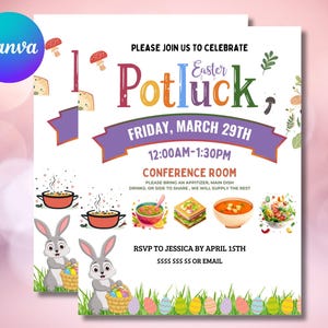 Editable Easter Potluck Invite, Spring Potluck Party Printable, Canva Template