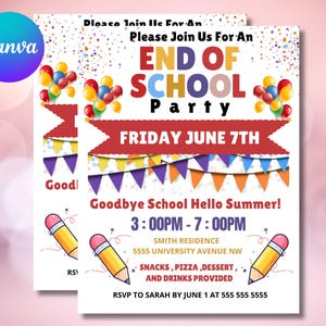 Plantilla editable e imprimible de invitación para fiesta de fin de curso (Canva)