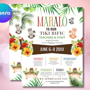 Editable Hawaiian Luau Theme Teacher & Staff Appreciation Theme Tropical Itinerary Flyer Canva Template Printable