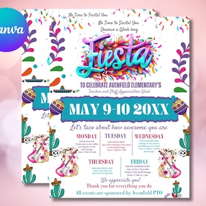Editable Mexican Fiesta Theme Teacher & Staff Appreciation Theme Fiesta Taco Fiesta Itinerary Flyer Canva Template Printable