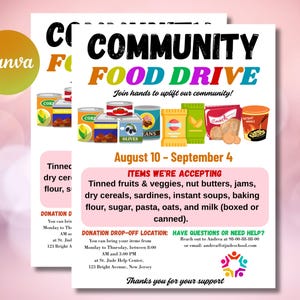 Editable Charity Food Drive Flyer Template, School Fundraiser, Canva