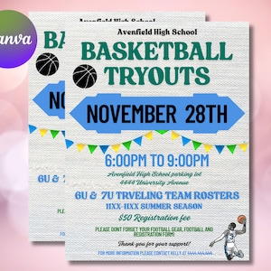 Basketball Tryout Flyer Template for Youth Sports, Editable Registration Design
