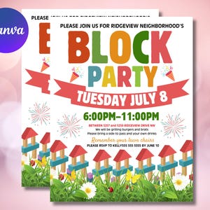 Editable Block Party Flyer Template for Summer Neighborhood BBQ, Printable Canva Design