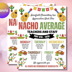 Editable Nacho Average Teacher & Staff Appreciation Day Fiesta Itinerary Flyer Canva Template Printable
