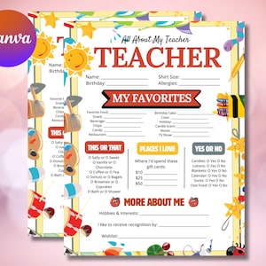 Cuestionario imprimible &quot;Todo sobre mi profesor/a&quot;, &quot;Cosas favoritas&quot;, plantilla de Canva