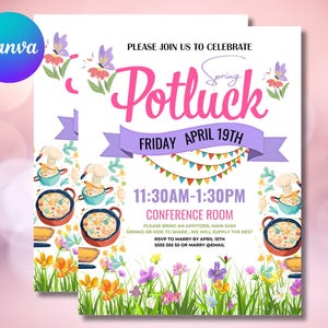 Editable Spring Potluck Invite Printable, Potluck Luncheon Party Flyer, Canva