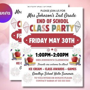 Plantilla editable e imprimible de invitación para fiesta de fin de curso (Canva)