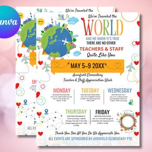 Editable International Theme Teacher & Staff Appreciation Around the World Travel Itinerary Flyer Canva Template