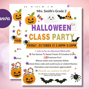 Editable Halloween Classroom Party Invitation – Elementary School Flyer Template (Canva, Digital Download)