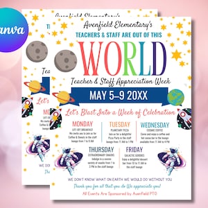 Editable International Theme Teacher & Staff Appreciation Around the World Travel Itinerary Flyer Canva Template