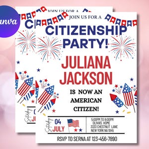 Modello modificabile per invito alla festa per la cittadinanza statunitense, invito per la celebrazione della naturalizzazione della nuova cittadinanza americana, tema statunitense del 4 luglio