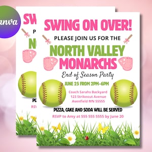 End of Season Softball Party Invite Canva Editable Template, Softball Invitation