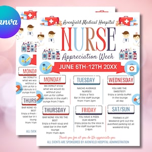 Editable Nurse Appreciation Week Nursing Itinerary Flyer Canva Template Printable