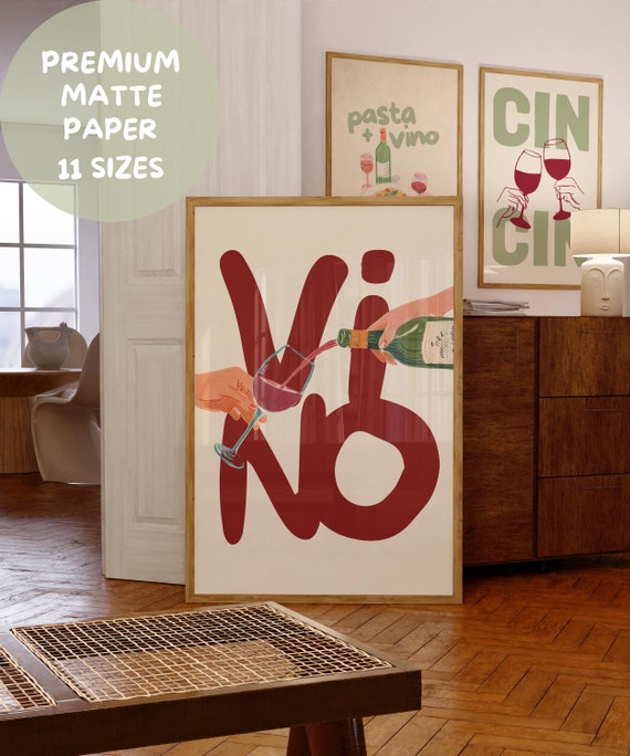 Vino Rotwein Poster Design - Ungerahmt Premium Matte Papier Maximalist Typografie Boho Zitat Alkohol Cocktail Küchen Poster