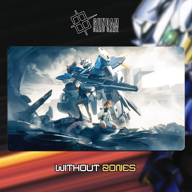 May include: A rectangular playmat featuring a detailed illustration of a Gundam robot with two figures in a battle scene. The mat has a blue and white color scheme with the text "WITHOUT ZONES" at the bottom and the "GUNDAM CARD GAME" logo at the top.