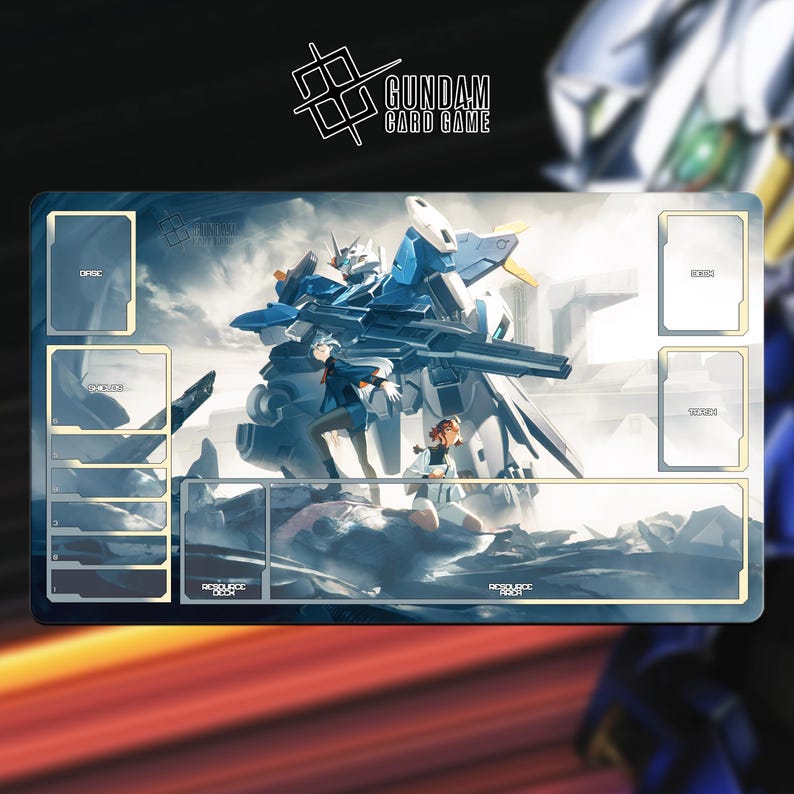 May include: A rectangular Gundam Card Game playmat featuring a detailed illustration of a blue and white mecha with two figures. The playmat has designated zones for cards and resources, with the game's logo in the upper right corner.