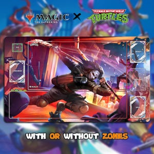 Puede incluir: Un tapete de juego rectangular con un gráfico de la colaboración entre Magic: The Gathering y Teenage Mutant Ninja Turtles. La ilustración muestra a un personaje enmascarado con un palo de hockey en una ciudad, con zonas para Life, Library, Commander, Graveyard y Exile.