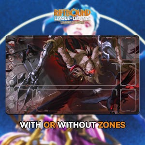 May include: A rectangular playmat for the trading card game "Riftbound League of Legends". The mat features a dark, detailed illustration of a character with red and black accents, and the text "WITH OR WITHOUT ZONES".
