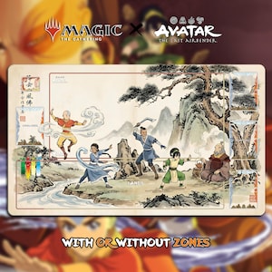 May include: A Magic: The Gathering playmat featuring characters from Avatar: The Last Airbender. The mat has a landscape design with characters in action poses, mountains, and trees. The text "WITH OR WITHOUT ZONES" is at the bottom.