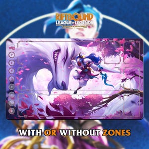 May include: A Riftbound League of Legends trading card game playmat featuring a vibrant illustration of a character with blue hair and a white wolf against a pink and purple floral background. The mat has zones and the text "WITH OR WITHOUT ZONES".