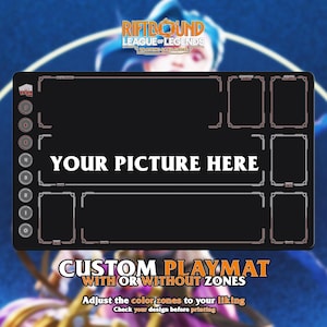 May include: Black custom playmat with white text that reads "YOUR PICTURE HERE". The playmat has zones for cards and game elements. The top of the mat has the text "RIFTBOUND LEAGUE OF LEGENDS TRADING CARD GAME". The bottom text reads "CUSTOM PLAYMAT WITH OR WITHOUT ZONES".