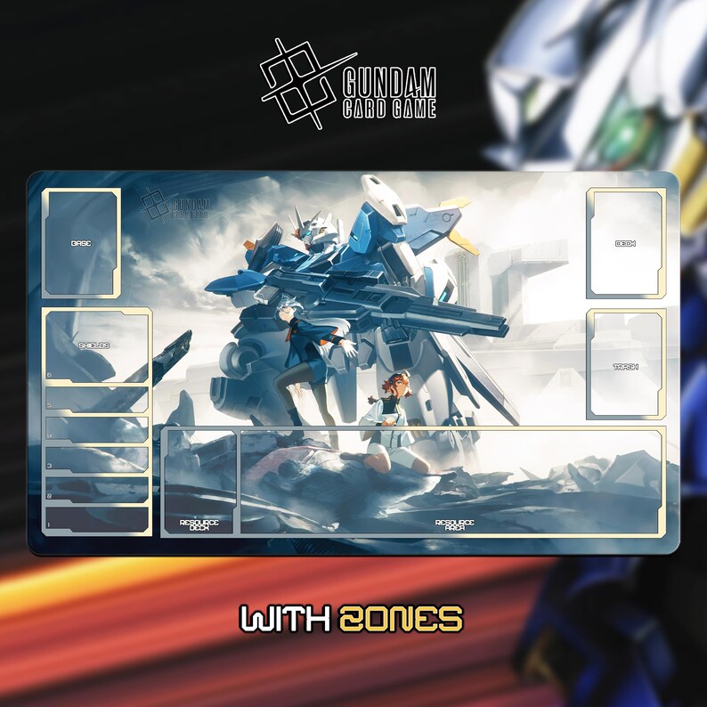 May include: A rectangular Gundam card game playmat featuring a detailed illustration of a blue and white mech with two characters. The mat has designated zones for cards and the text "WITH ZONES" at the bottom. The Gundam Card Game logo is at the top.