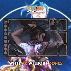 May include: A rectangular Riftbound League of Legends playmat featuring a detailed illustration of a character with tattoos. The mat has zones for gameplay and the text "WITH OR WITHOUT ZONES". The background is a gradient of blue.