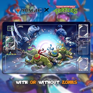 May include: A playmat featuring the Teenage Mutant Ninja Turtles and characters from Magic: The Gathering. The mat has a colourful design with the turtles in action, and the text "WITH OR WITHOUT ZONES".