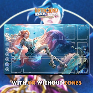 May include: A rectangular playmat featuring a fantasy illustration of a woman with long red hair and a teal dress, set against an underwater background. The mat has zones for gameplay and the text "WITH OR WITHOUT ZONES". The top of the mat has the text "RIFTBOUND LEAGUE OF LEGENDS".