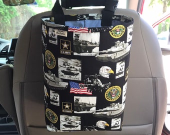 Army themes fabric, Reusable Car, Boat, RV Trash bag, bin, receptacle, organizer, eco friendly