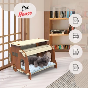 Modern laser cut cat house, cat bad, cat pillow, wooden cat house, cat kennel, cat cushion, digital download, digital files, caravan style.
