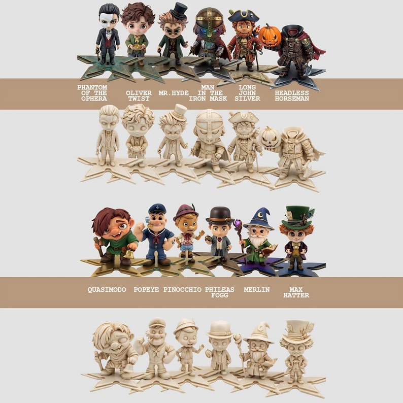 May include: A collection of character figurines, including Phantom of the Opera, Oliver Twist, and the Headless Horseman. Each figure is on a star-shaped base. Text labels identify each character. The figurines are in various colors and styles.