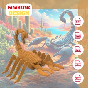 May include: A wooden scorpion sculpture with a detailed design. The sculpture is made of multiple pieces of wood that are joined together. The scorpion is posed in a threatening stance with its tail raised. The sculpture is set against a background of a desert landscape with a scorpion in the background.