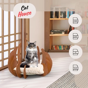 Casa para gatos de madera cortada con láser, descarga digital svg, dwg, dxf, ai, casa para mascotas, decoración del hogar, casa para perros, muebles para gatos, hecha a mano, casa para gatos de interior