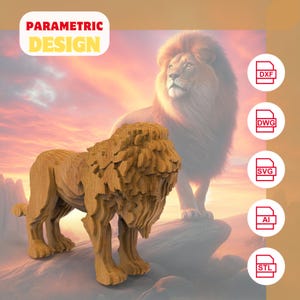 Może przedstawiać: Drewniana rzeźba lwa o warstwowym wzorze stoi przed ilustracją majestatycznego lwa. Tekst "PARAMETRIC DESIGN" jest wyświetlany w żółto-czerwonym banerze. Wyświetlane są również formaty plików cyfrowych.