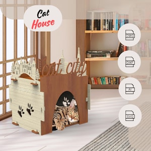 Casa para gatos de madera cortada con láser, descarga digital, svg, dwg, dxf, ai, casa para mascotas, decoración del hogar, casa para perros, muebles para gatos, hecha a mano, interior, estilo de ciudad para gatos