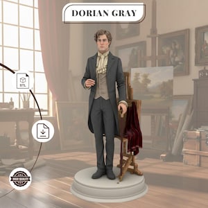 May include: A 3D figurine of a man named Dorian Gray standing on a circular base. The figure wears a dark grey tailcoat, a light beige waistcoat, and a ruffled cravat. A wooden cane rests in one hand, and a dark red cloth hangs from a wooden easel.