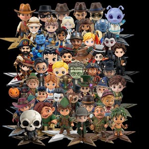 May include: A collection of stylized figurines, each depicting a different character. The figures are diverse, with varying outfits, hats, and accessories. The color palette is vibrant, with a mix of bright and muted tones. The figurines are arranged on star-shaped platforms.