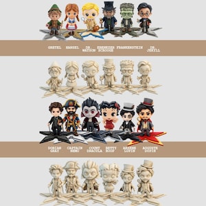 May include: A collection of character figurines, including Gretel, Hansel, Dr. Watson, Ebenezer Scrooge, Frankenstein, and Dr. Jekyll. Each figure is on a star-shaped base. The characters are from various stories and are in a cartoon style.