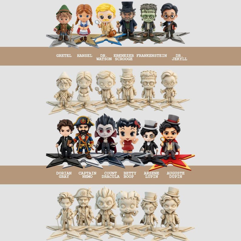 May include: A collection of character figurines, including Gretel, Hansel, Dr. Watson, Ebenezer Scrooge, Frankenstein, and Dr. Jekyll. Each figure is on a star-shaped base. The characters are from various stories and are in a cartoon style.