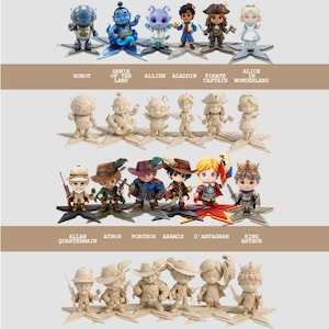 May include: A collection of miniature figurines featuring characters like a robot, genie, alien, Aladdin, pirate captain, and Alice in Wonderland. The figurines are on star-shaped bases, with text labels below each row. The top row has colorful figures, while the middle and bottom rows are monochromatic.