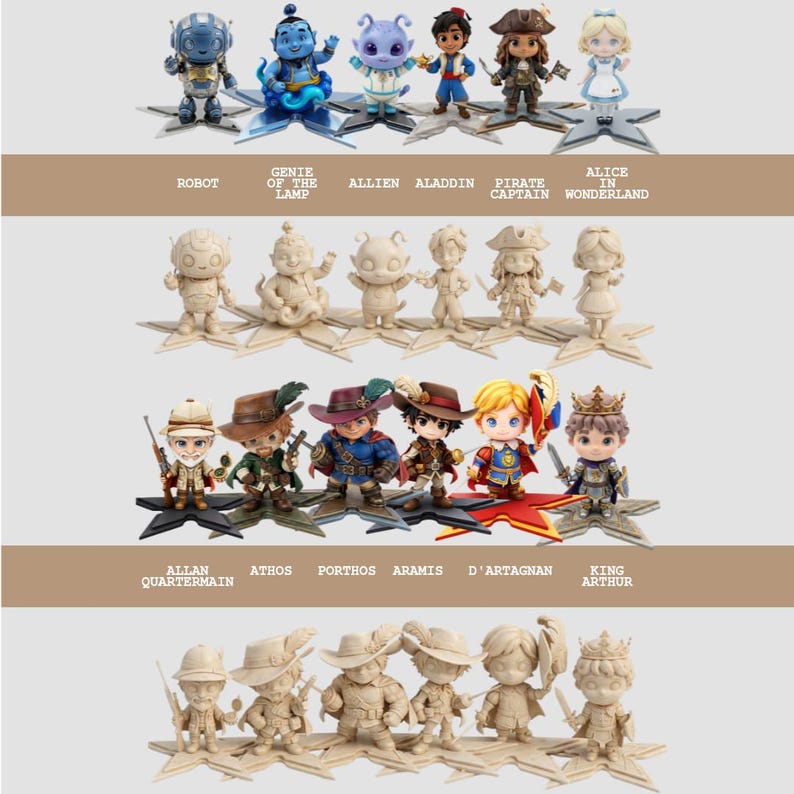 May include: A collection of miniature figurines featuring characters like a robot, genie, alien, Aladdin, pirate captain, and Alice in Wonderland. The figurines are on star-shaped bases, with text labels below each row. The top row has colorful figures, while the middle and bottom rows are monochromatic.