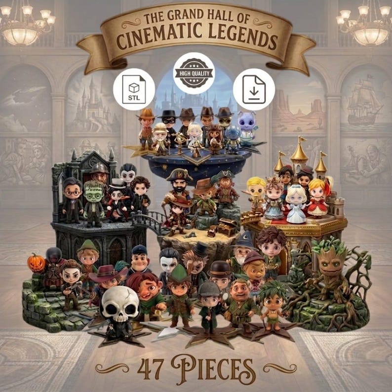 May include: A collection of 47 miniature figurines, each depicting characters from cinematic legends. The figurines are arranged on decorative platforms, with a banner reading "THE GRAND HALL OF CINEMATIC LEGENDS". The image includes icons for STL files, high quality, and downloads.